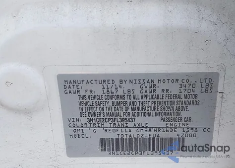 2015 Nissan Versa Note S (Sr)/S Plus/Sl/Sr/Sv z USA, uszkodzony, nr VIN 3N1CE2CP3FL395437